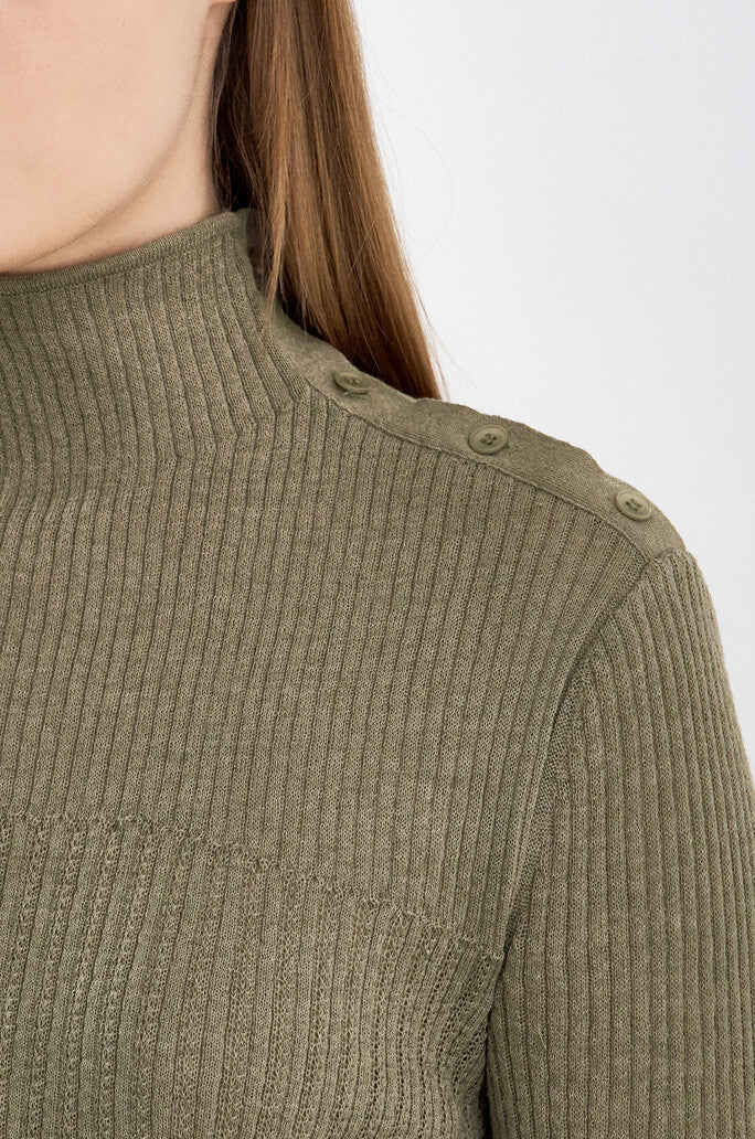 Linen-Blend High-Neck Buttoned Knit Top