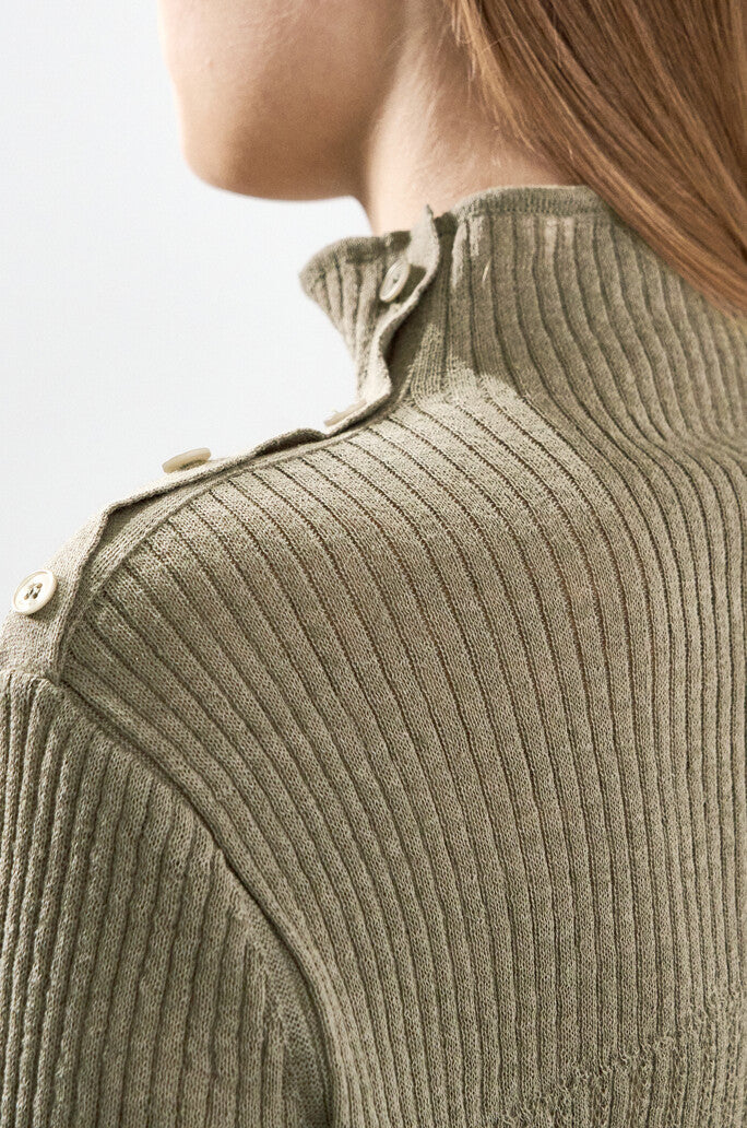Linen-Blend High-Neck Buttoned Knit Top