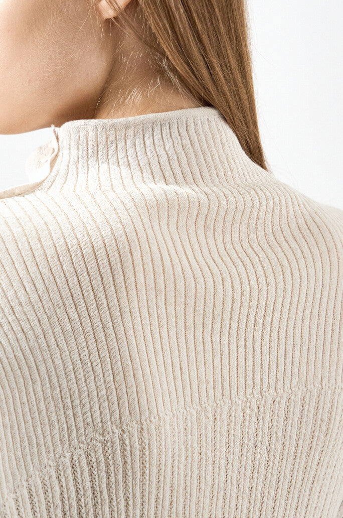 Linen-Blend High-Neck Buttoned Knit Top