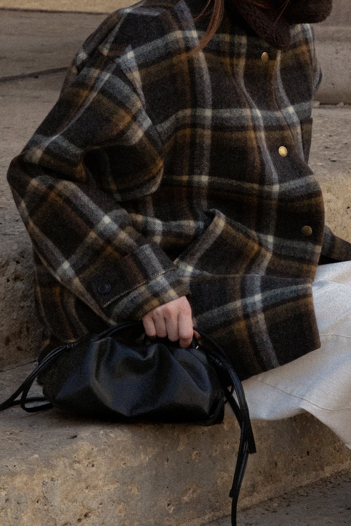 Check Coat With Fur Collar