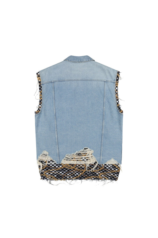 Graphic Mixed Destroyed Denim Vest