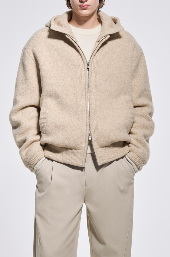 Wool Blend Detachable Hood Padded Knit Jumper