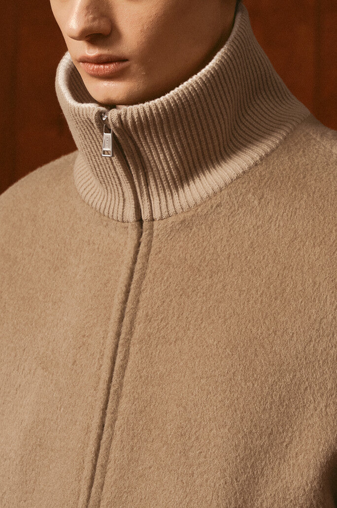 Alpaca Blend Knit Collar Full Zip Blouson Jumper