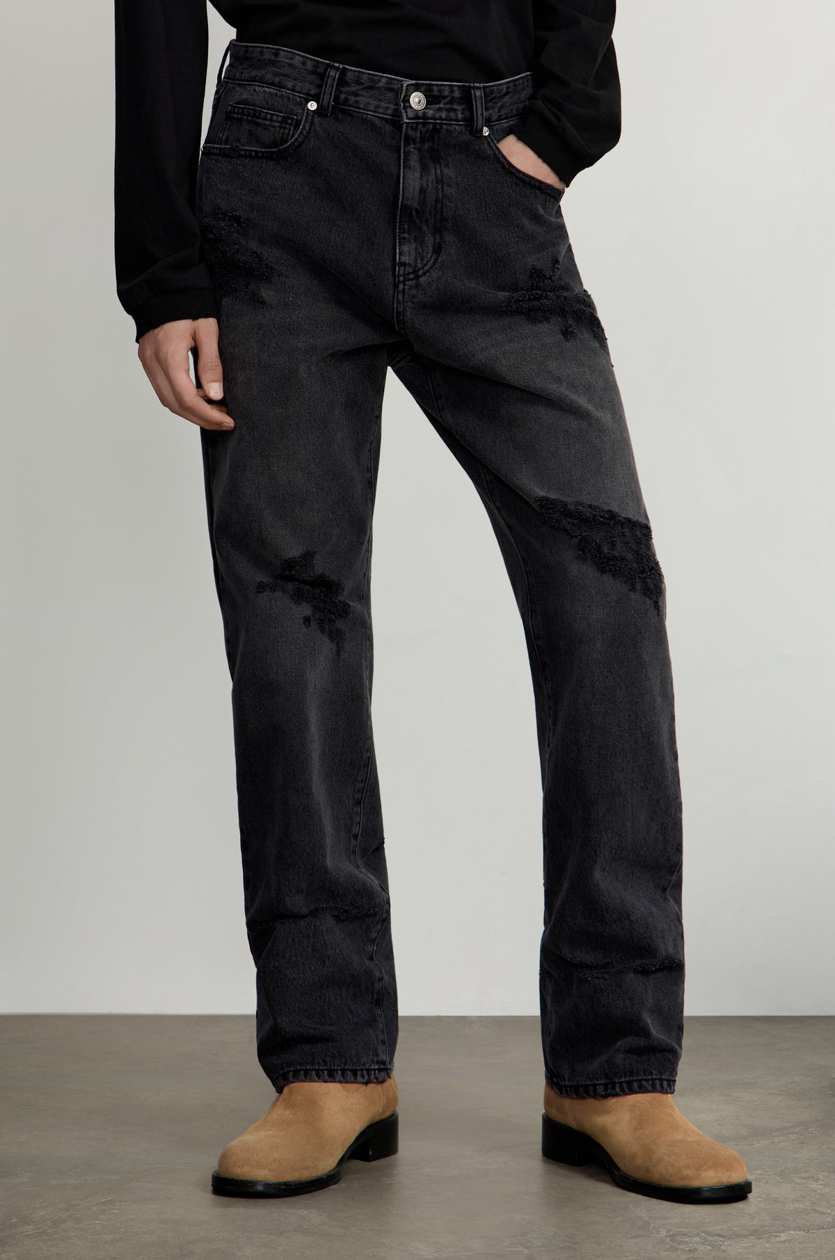 DISTRESSED STRAIGHT DENIM PANTS