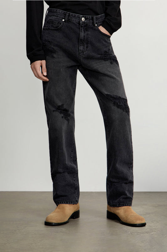 DISTRESSED STRAIGHT DENIM PANTS