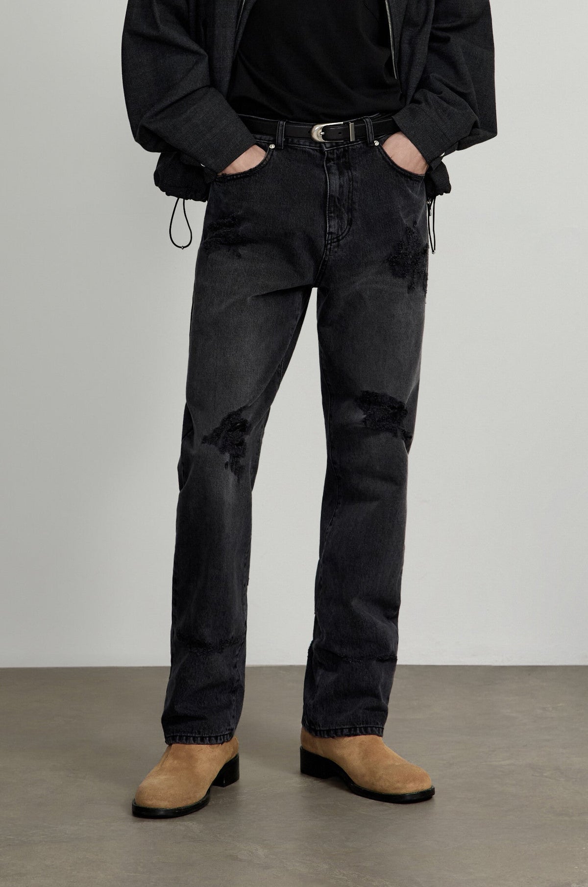 DISTRESSED STRAIGHT DENIM PANTS