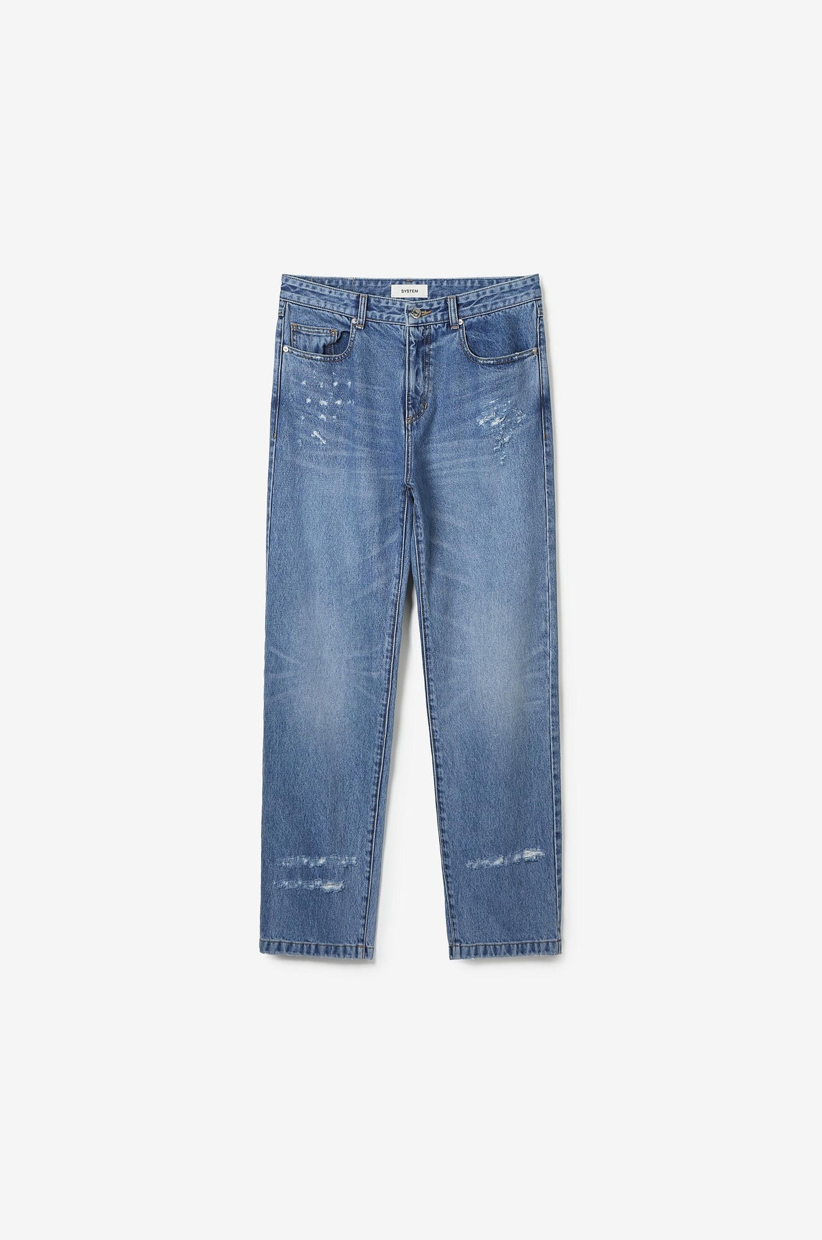 DISTRESSED STRAIGHT DENIM PANTS