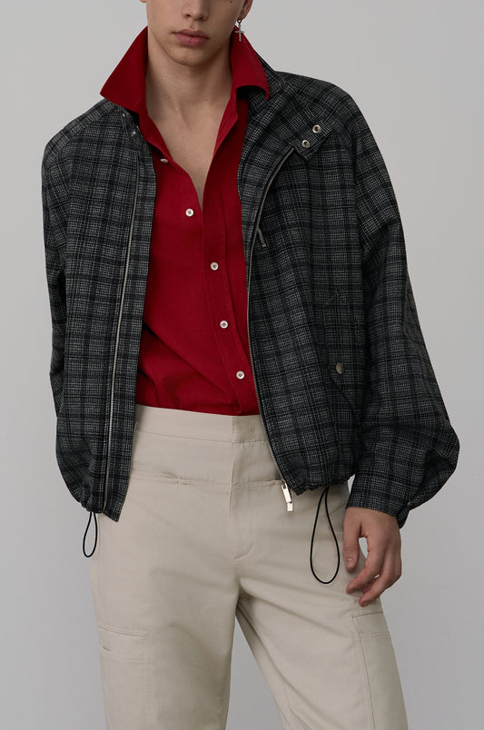 CHECKED DOUBLE-ZIP BOMBER JACKET