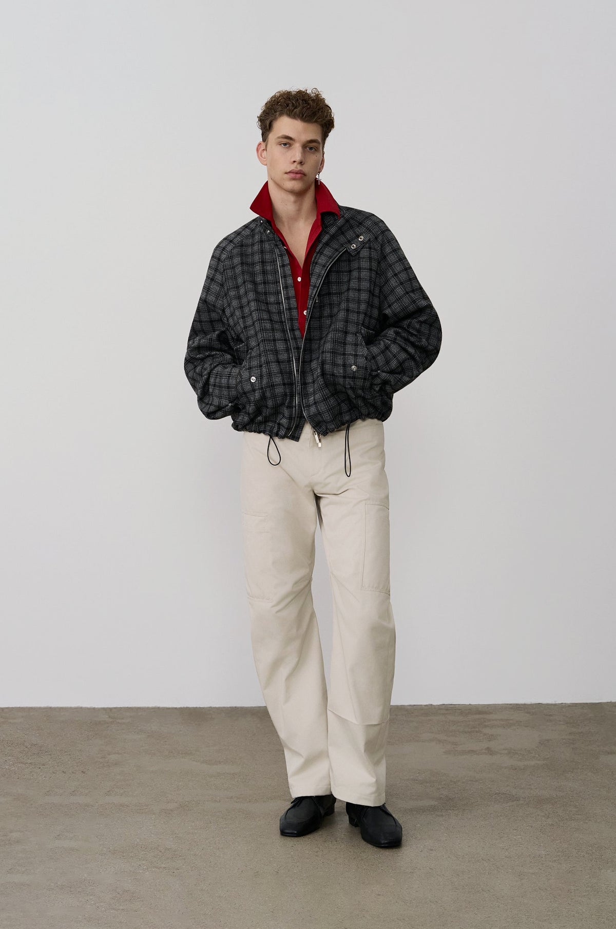 CHECKED DOUBLE-ZIP BOMBER JACKET