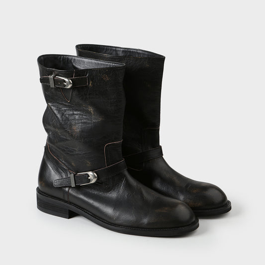 Washed Leather Mid-Calf Boots