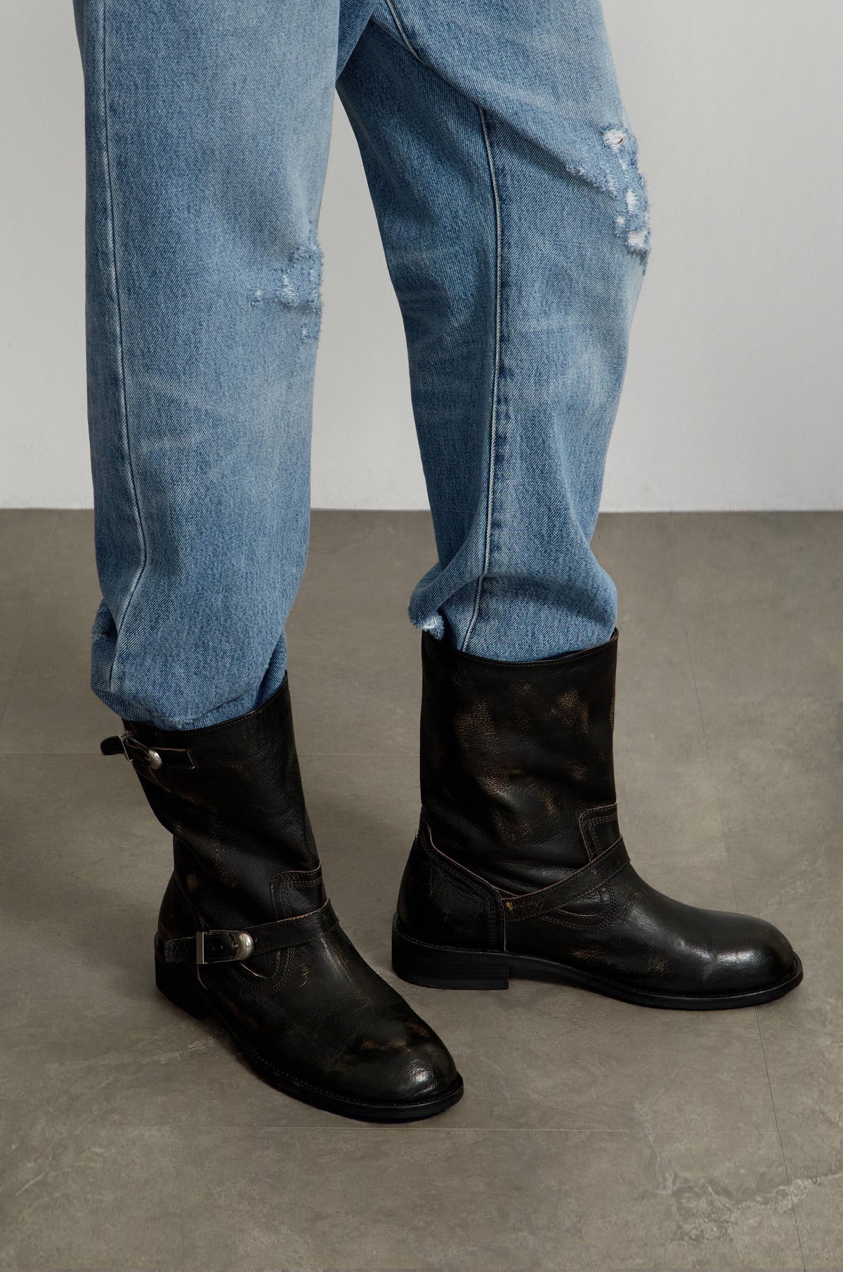 Washed Leather Mid-Calf Boots