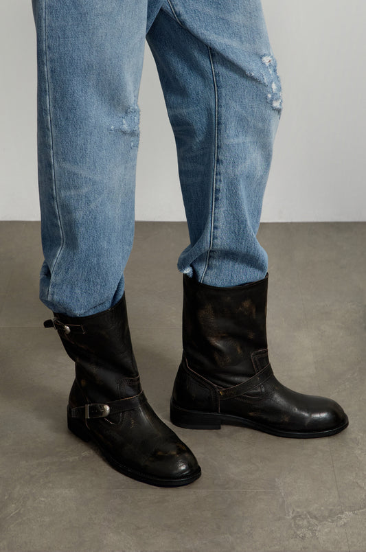 Washed Leather Mid-Calf Boots