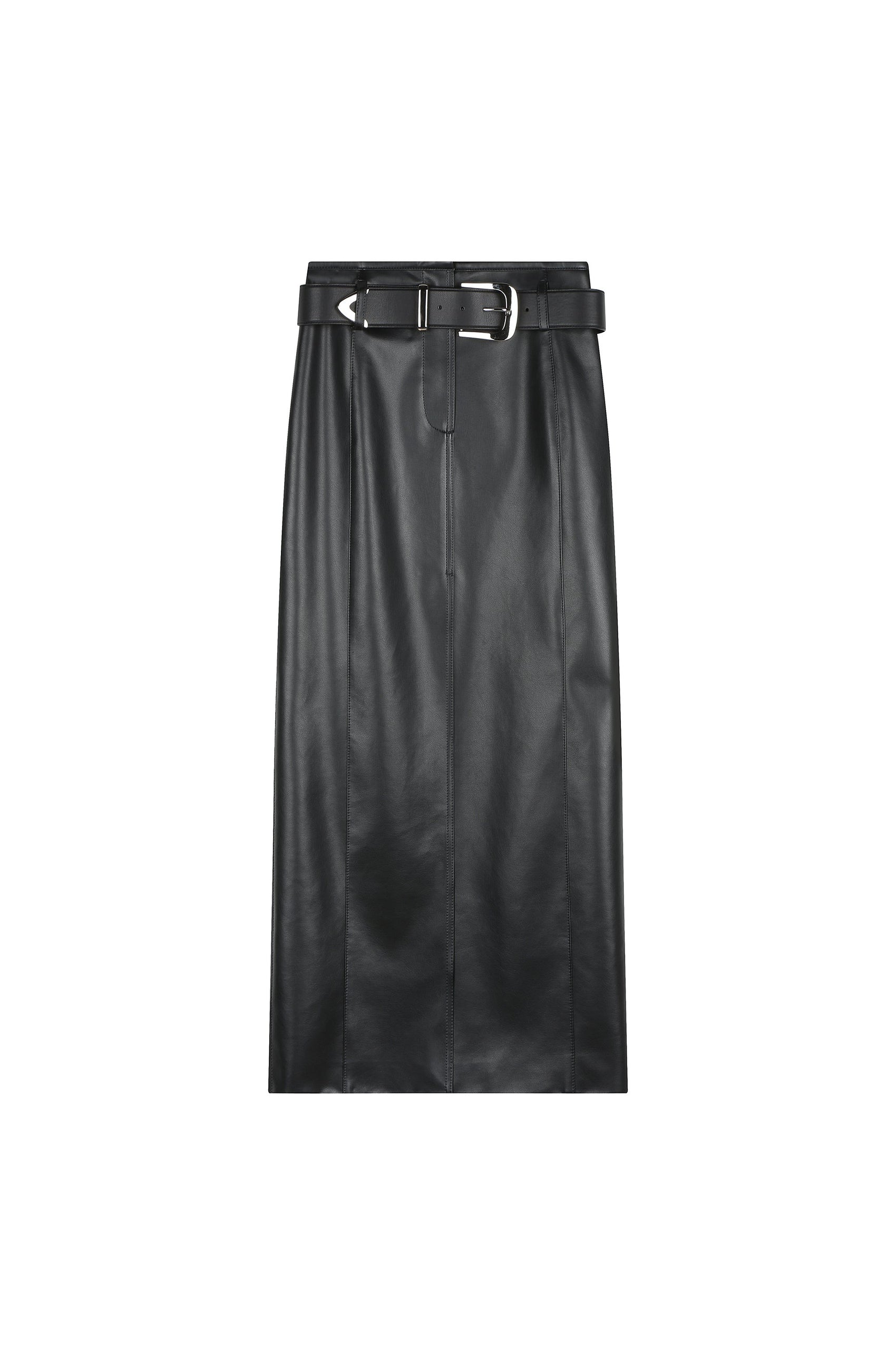 Straight Fit Long Leather Skirt With Belt