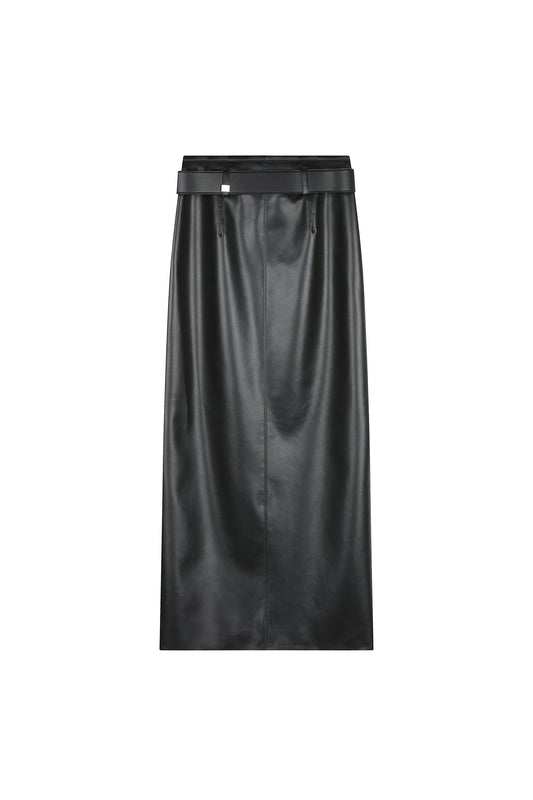 Straight Fit Long Leather Skirt With Belt