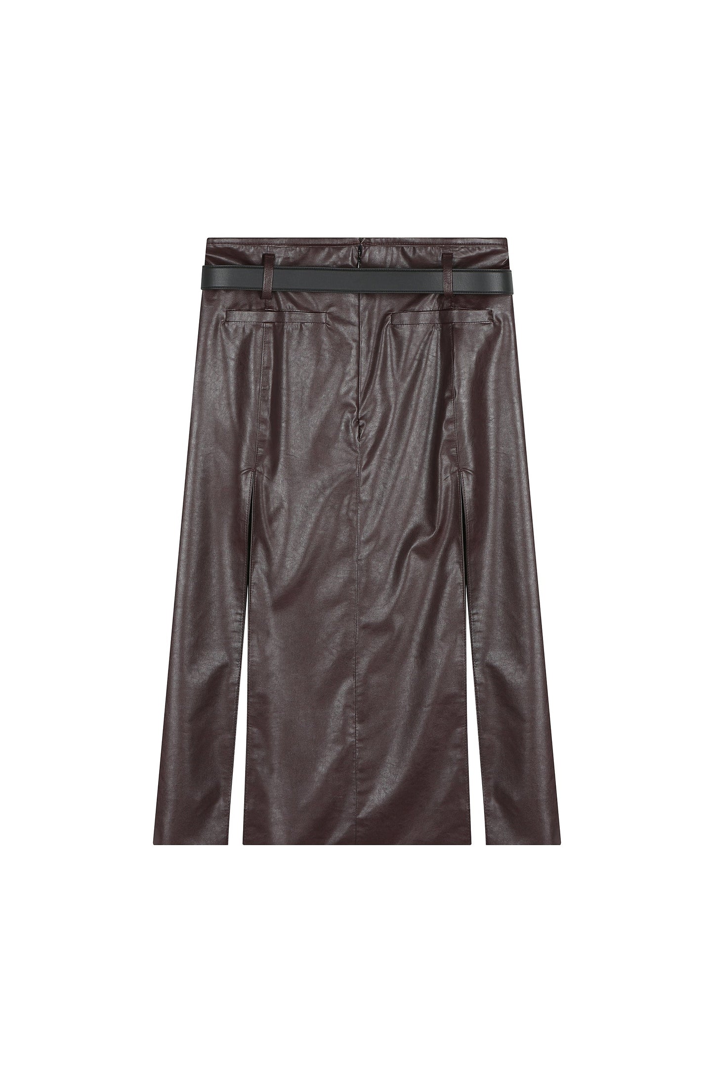 Deep Slit Mid-Length Leather Skirt With Belt