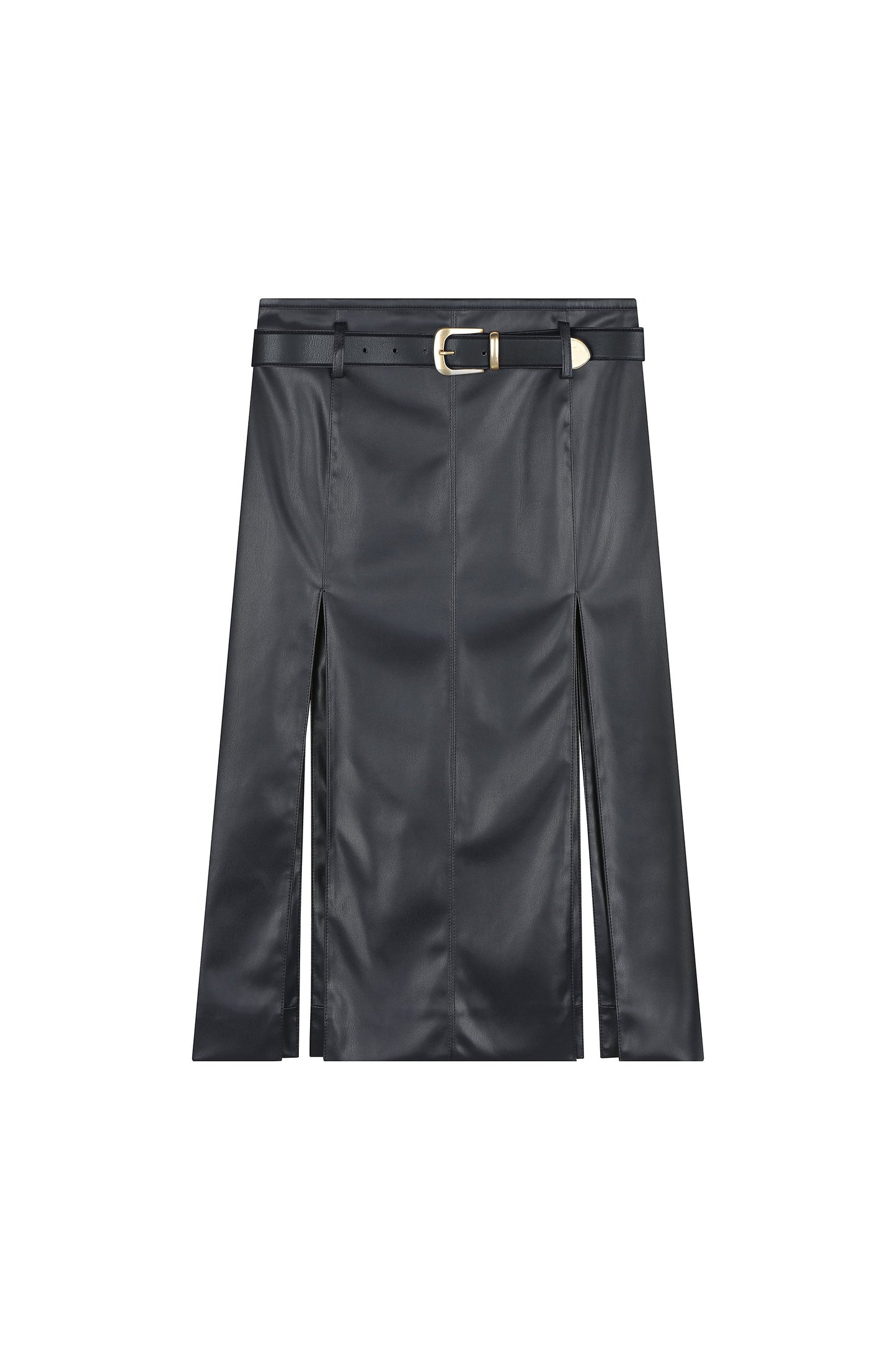 Deep Slit Mid-Length Leather Skirt With Belt
