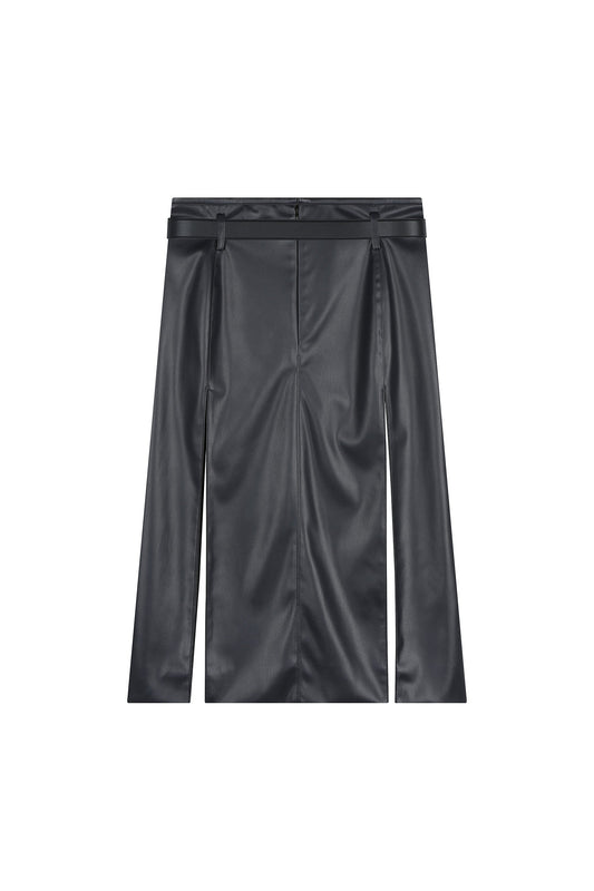 Deep Slit Mid-Length Leather Skirt With Belt