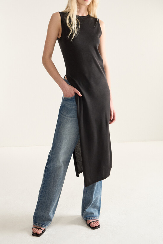 Deep Side Slit Sleeveless Knit Dress