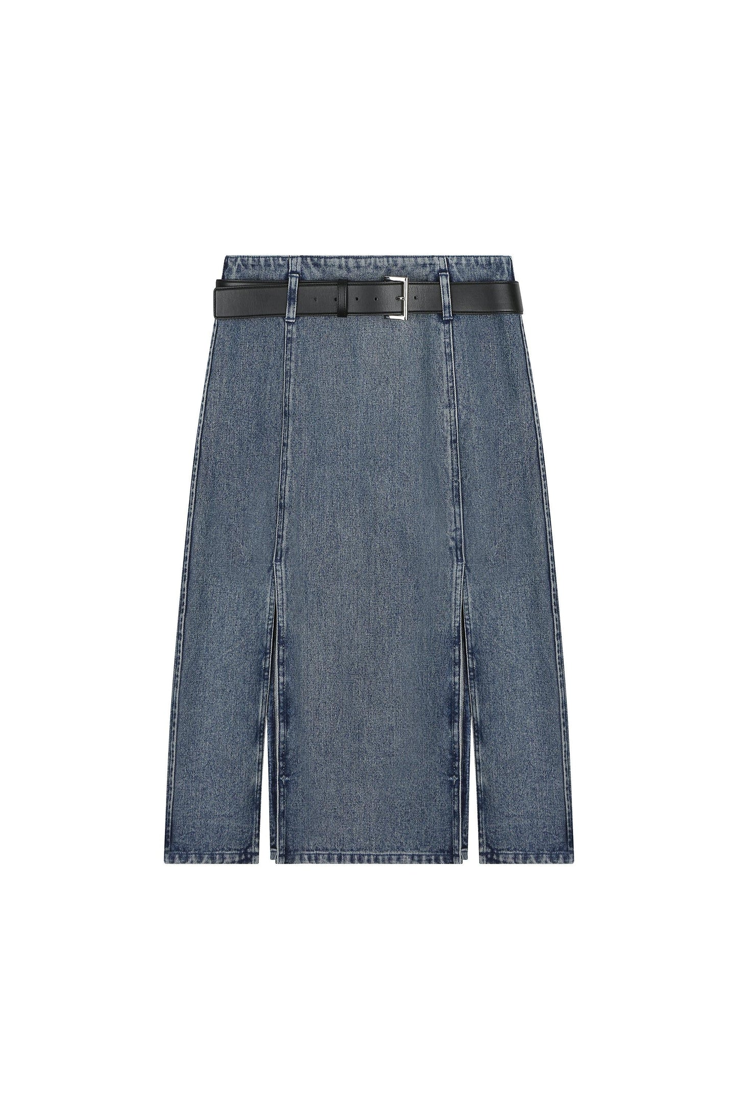 Slit Denim Midi Skirt With Belt