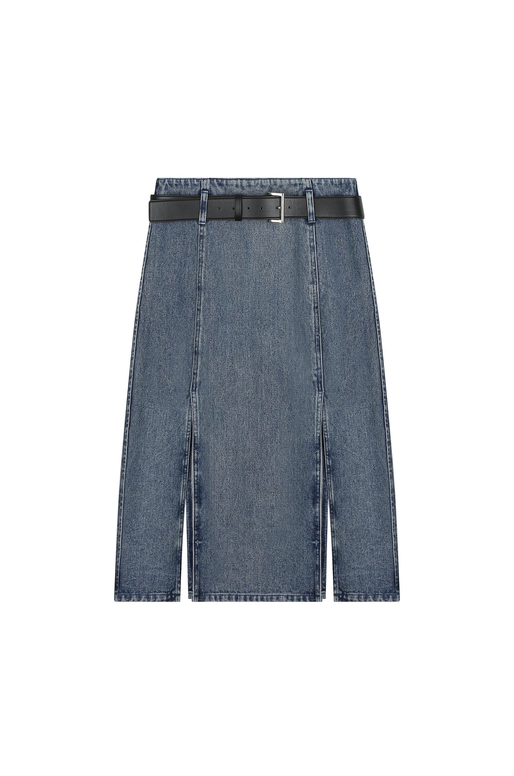 Slit Denim Midi Skirt With Belt