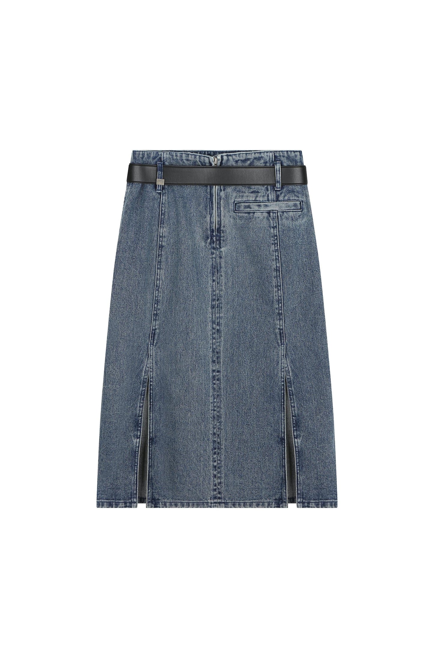 Slit Denim Midi Skirt With Belt