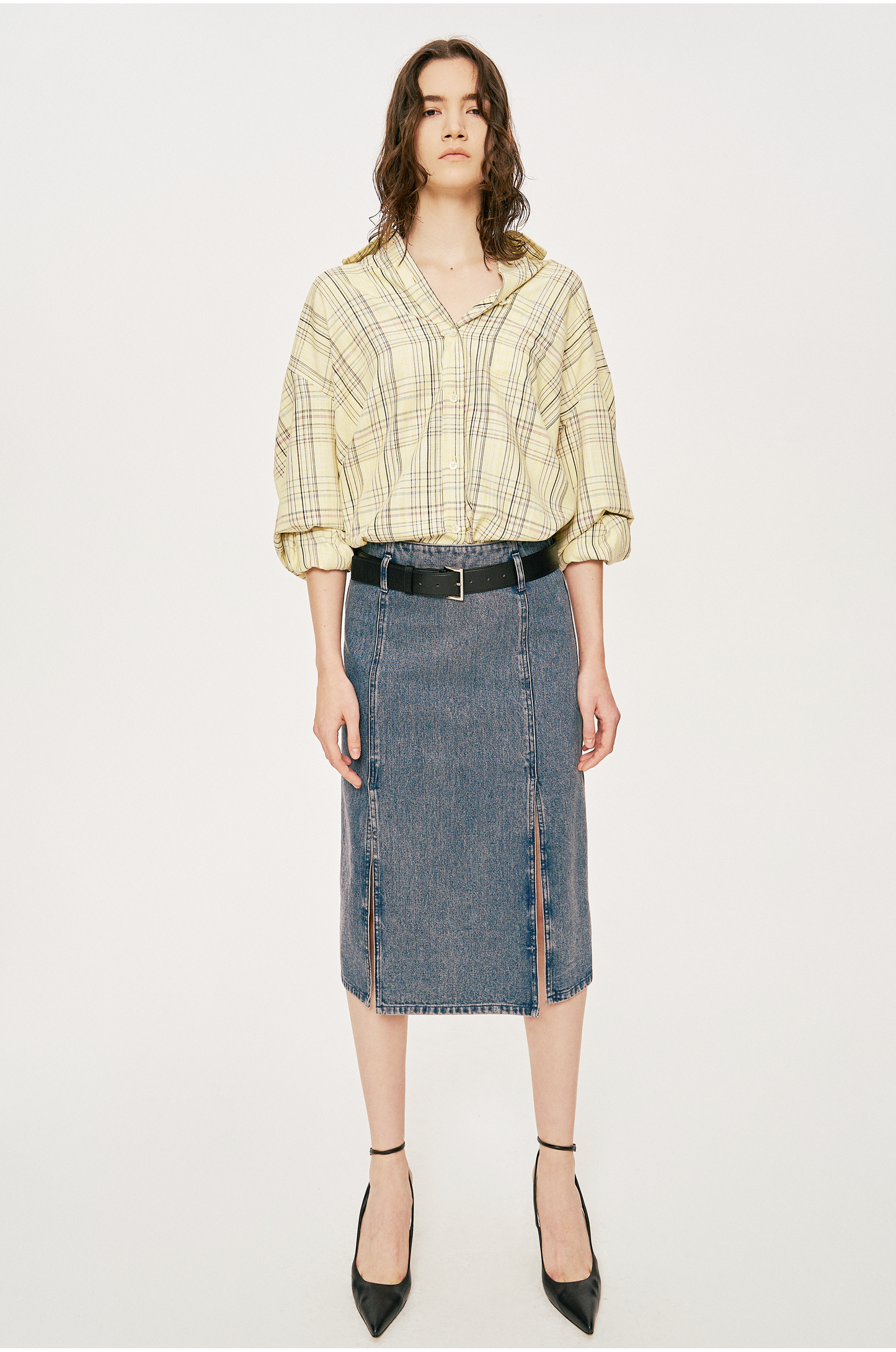 Slit Denim Midi Skirt With Belt