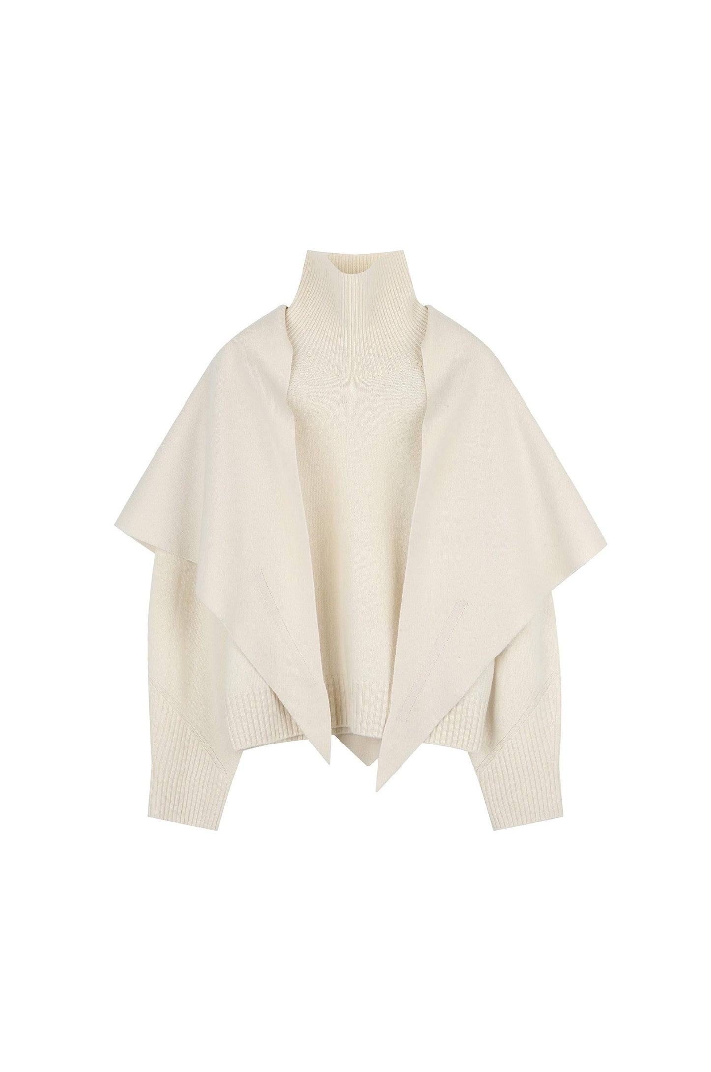 Whole-Garment Turtle Neck Knit Top With Scarf