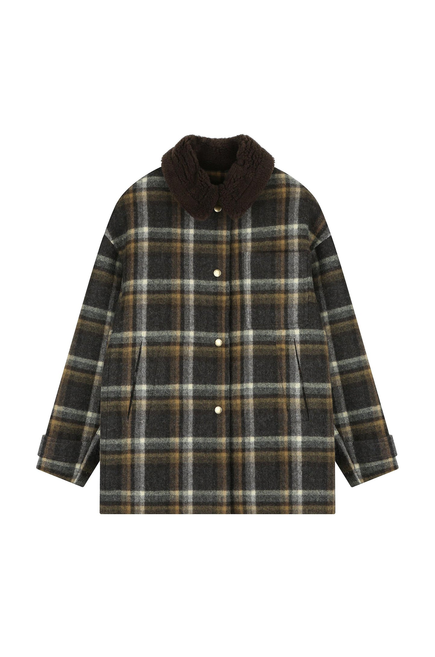 Check Coat With Fur Collar