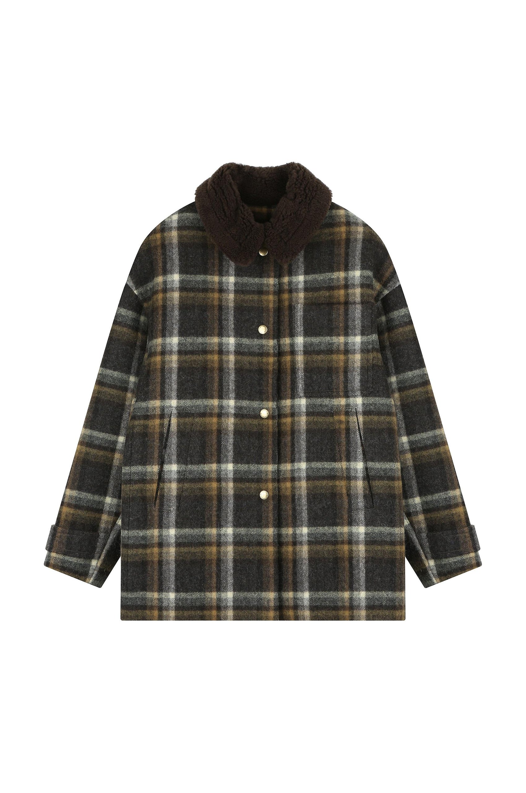 Check Coat With Fur Collar