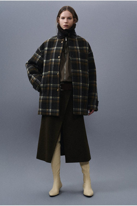 Check Coat With Fur Collar