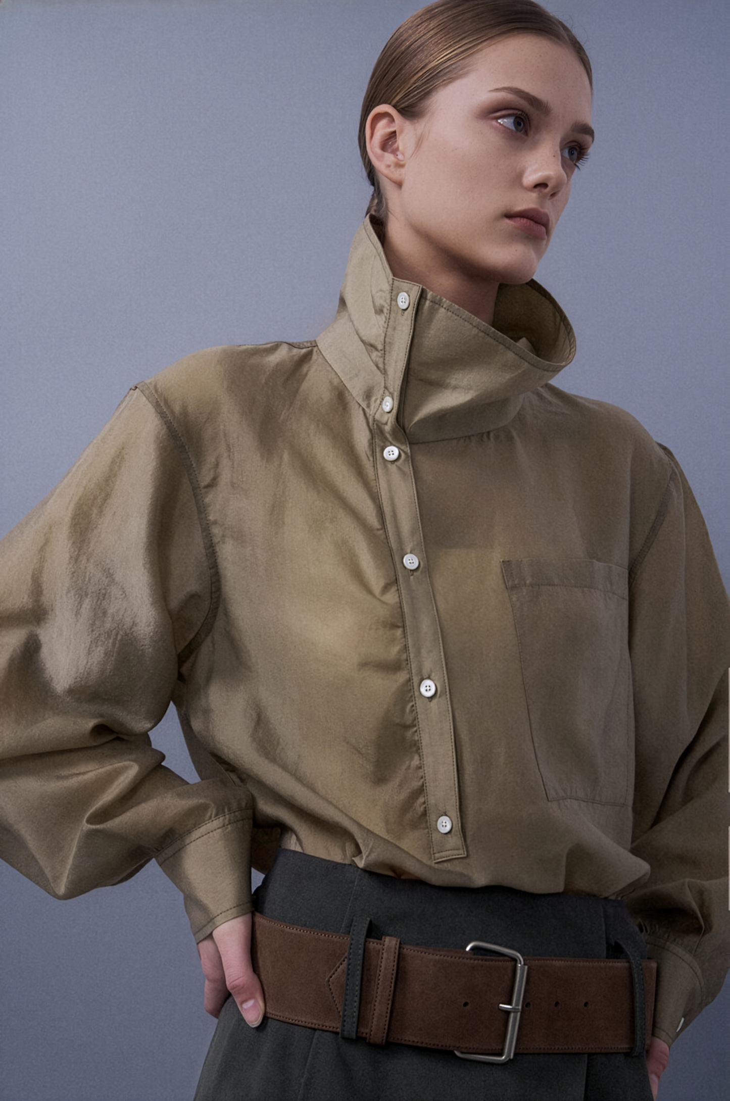 Upright-Collar Sheered Top