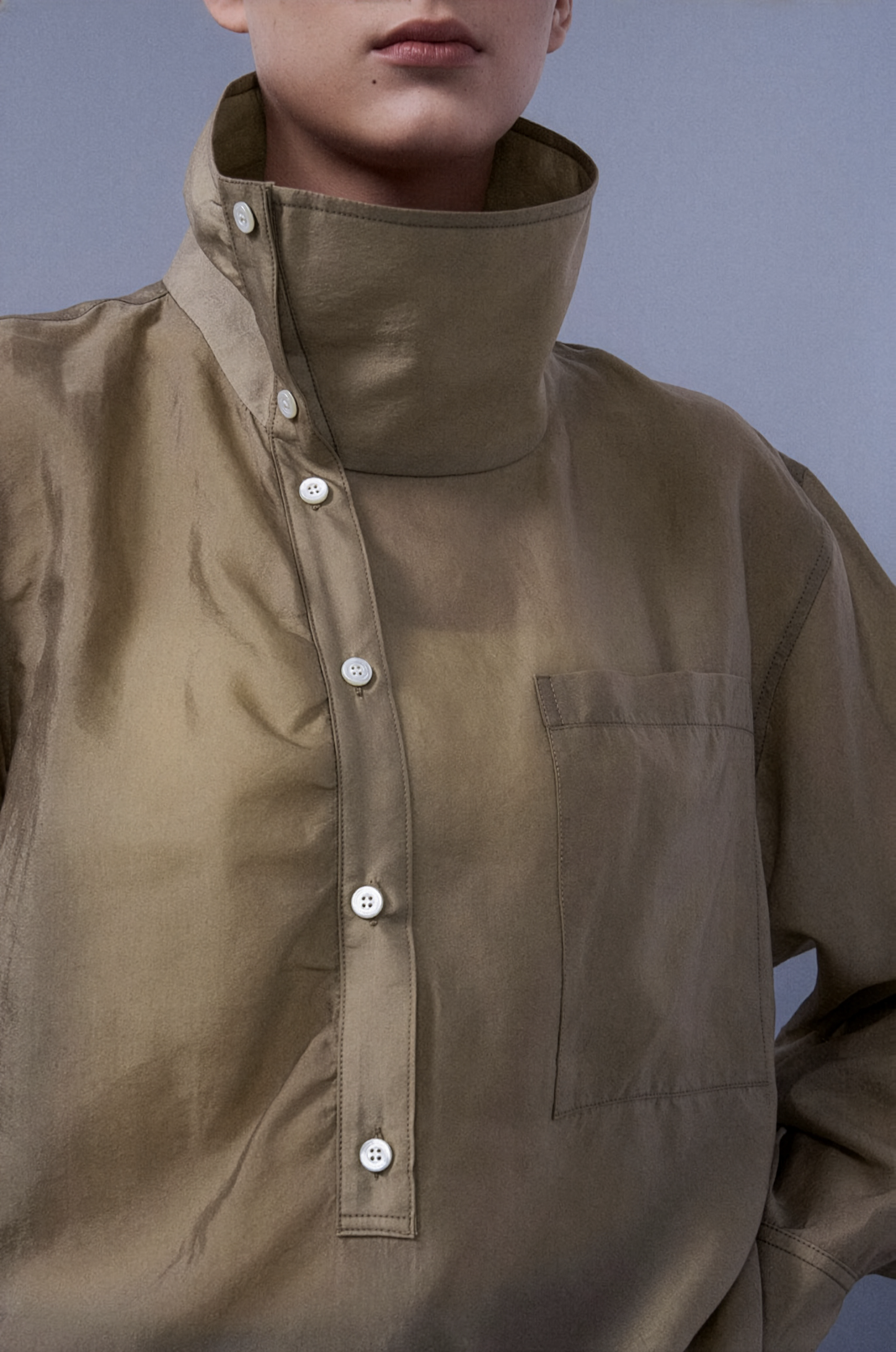 Upright-Collar Sheered Top