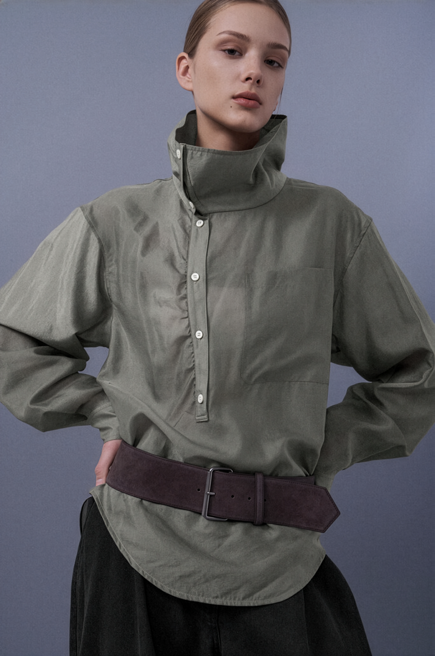 Upright-Collar Sheered Top