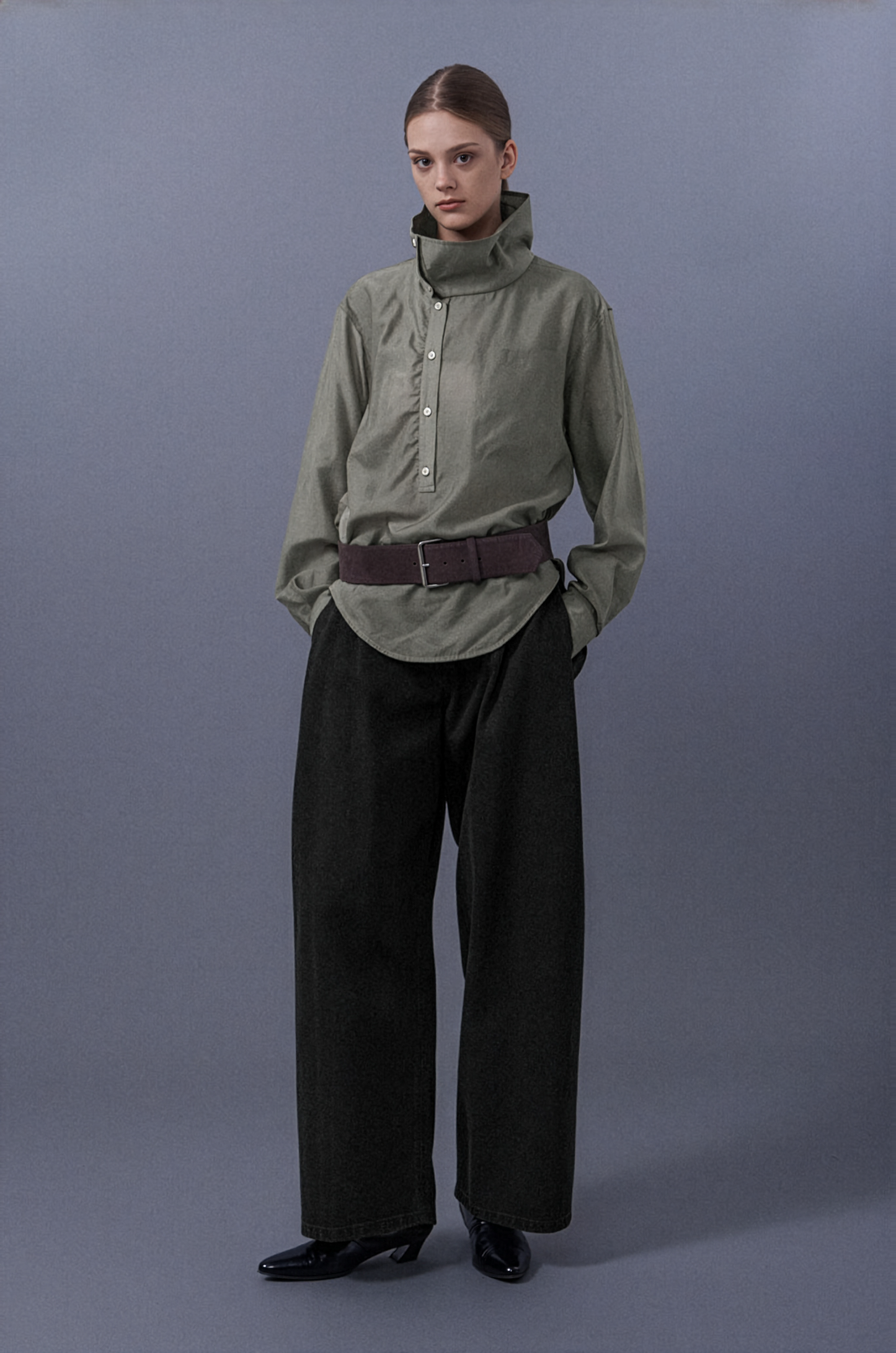 Upright-Collar Sheered Top