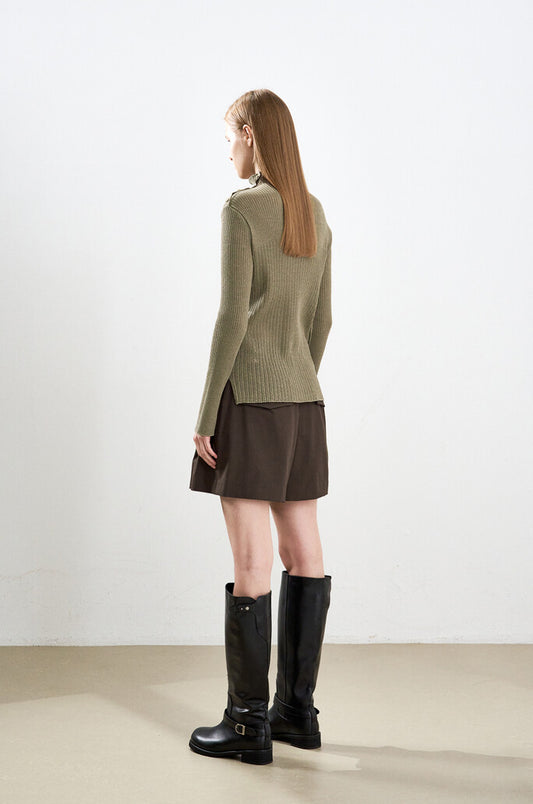 Linen-Blend High-Neck Buttoned Knit Top