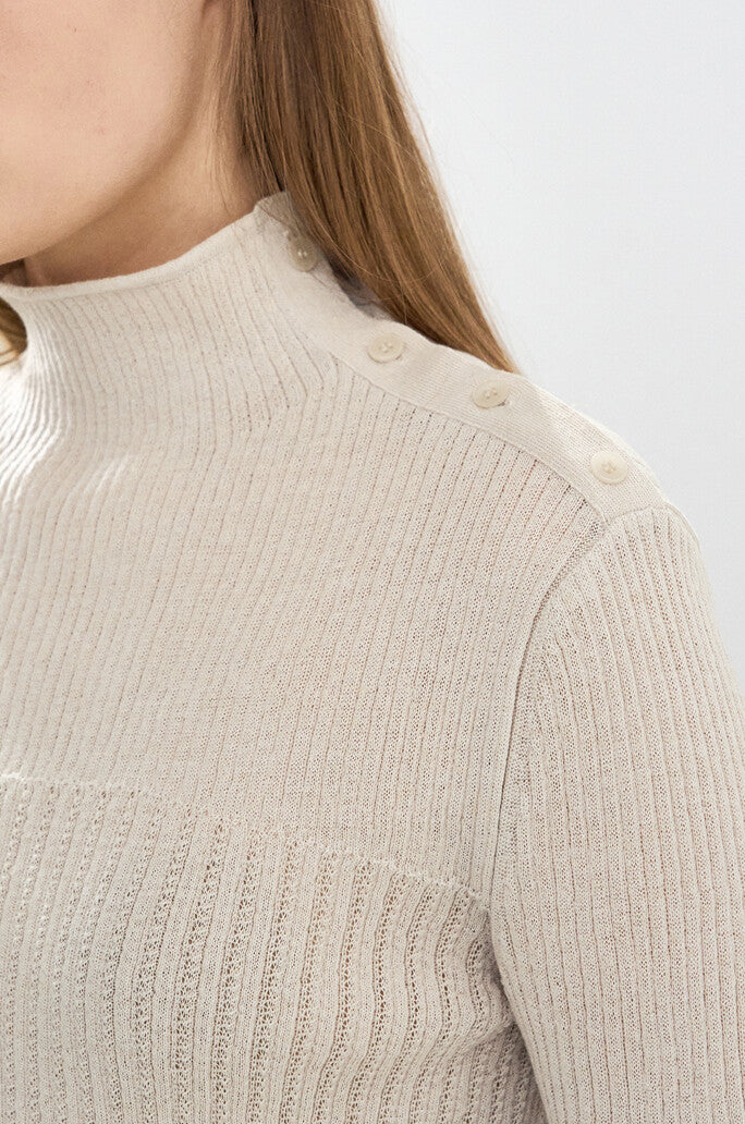 Linen-Blend High-Neck Buttoned Knit Top