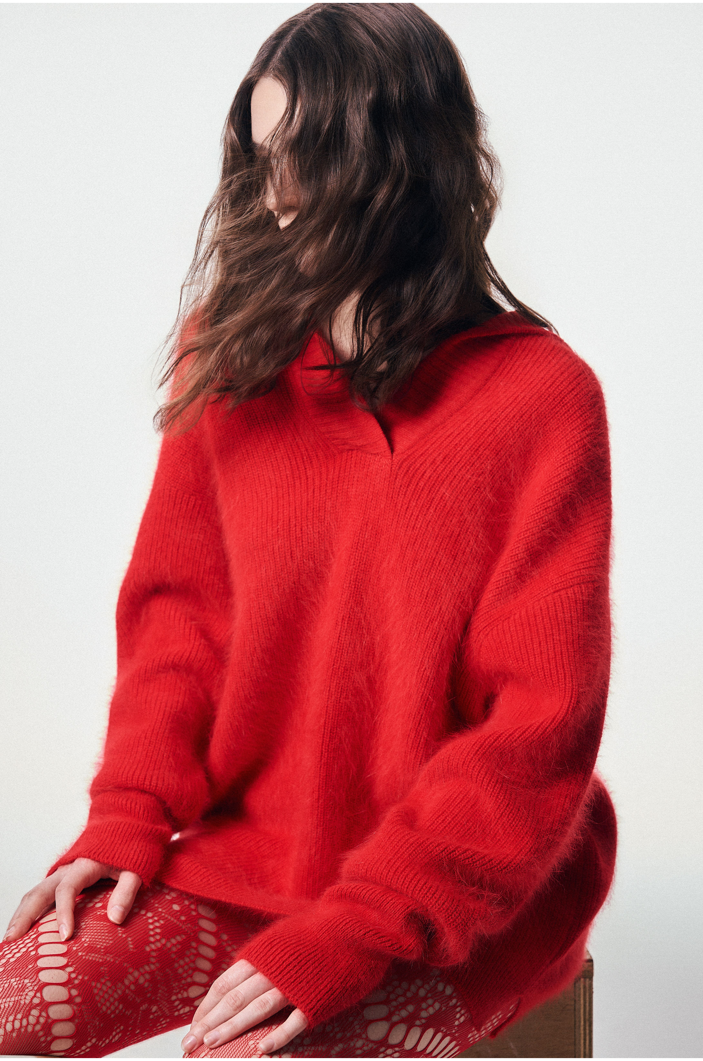 Mohair Open-Collar Knit Top