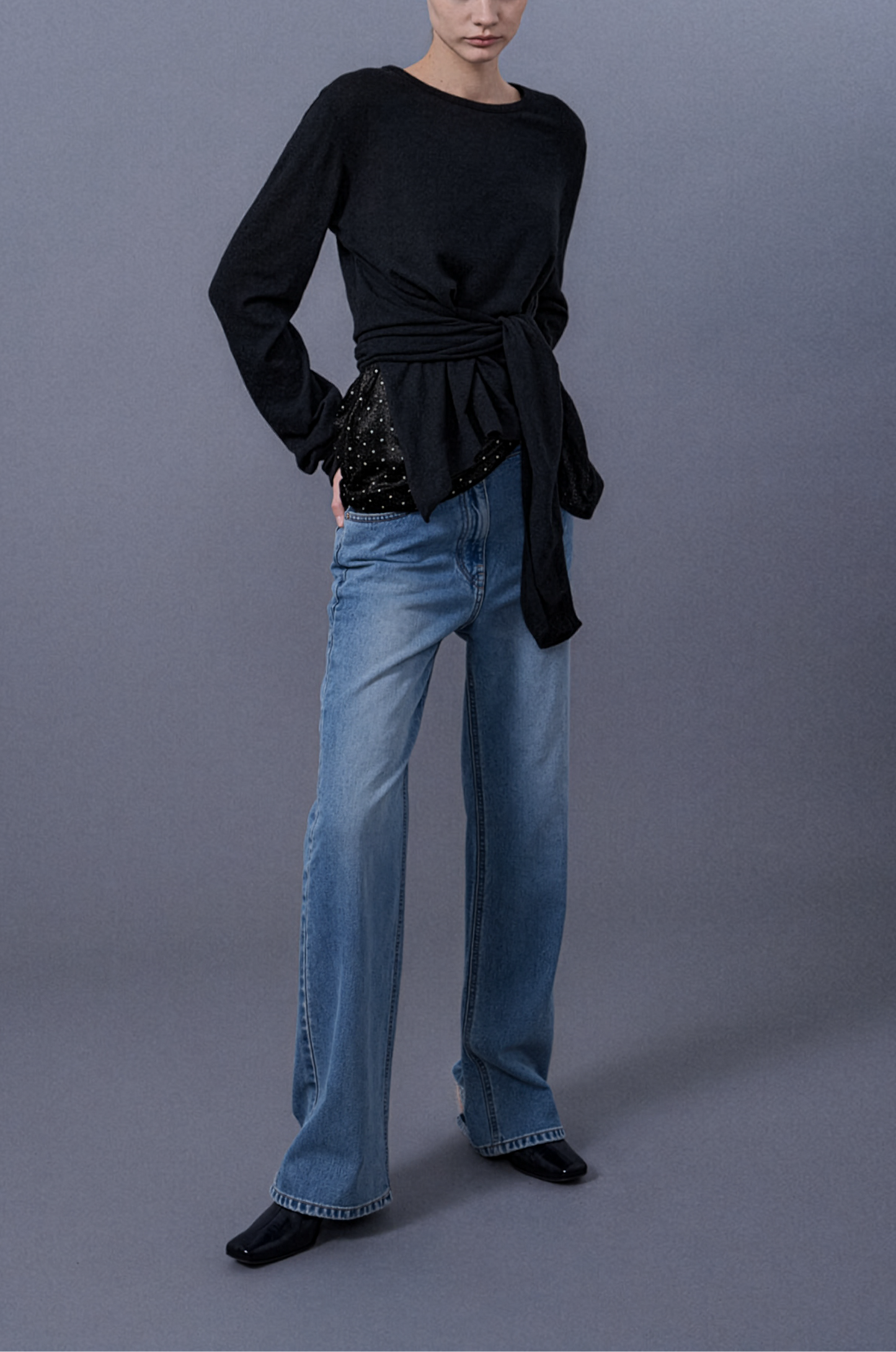 Tied 2-Way Sheer Knit Top