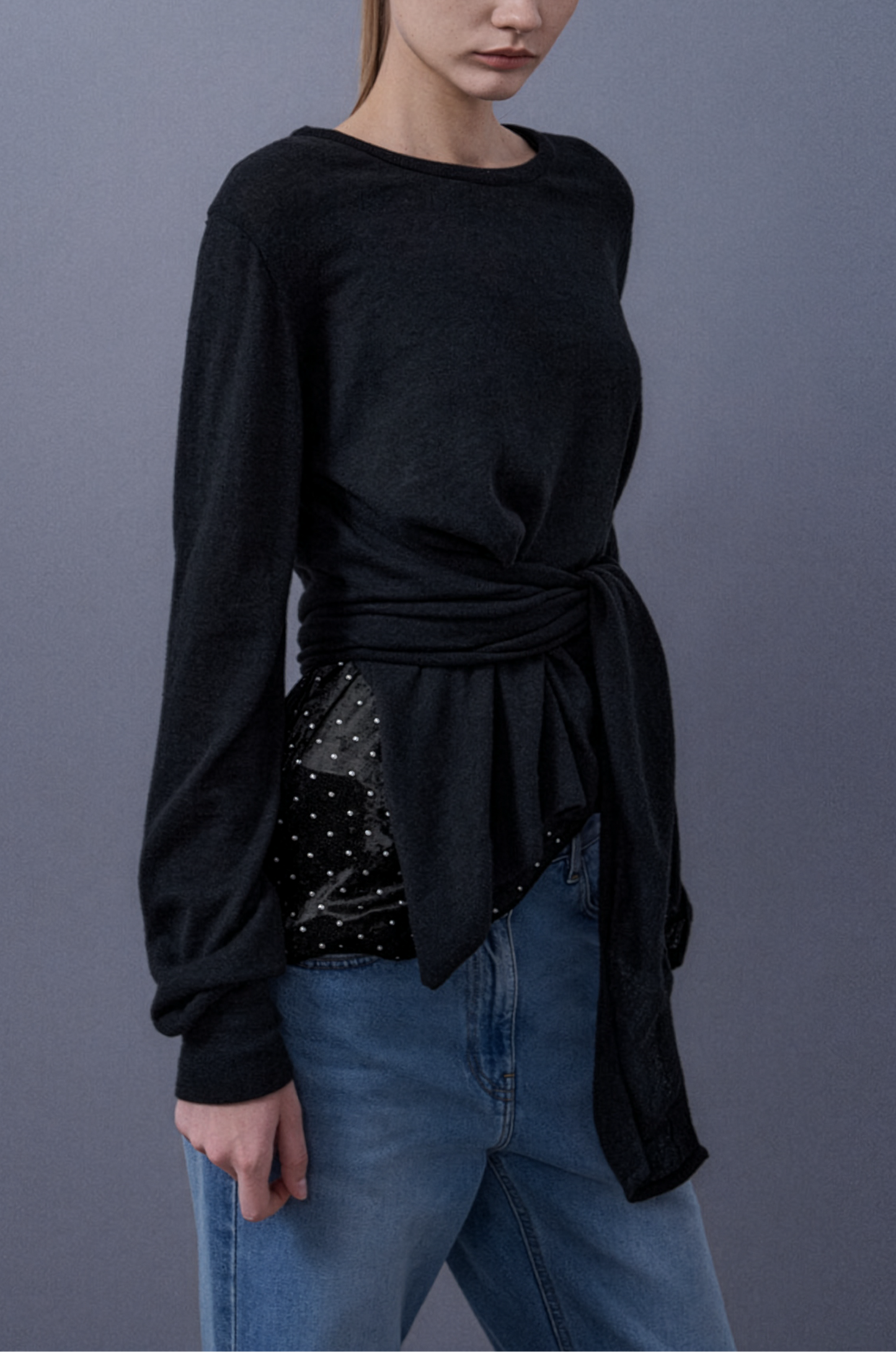 Tied 2-Way Sheer Knit Top