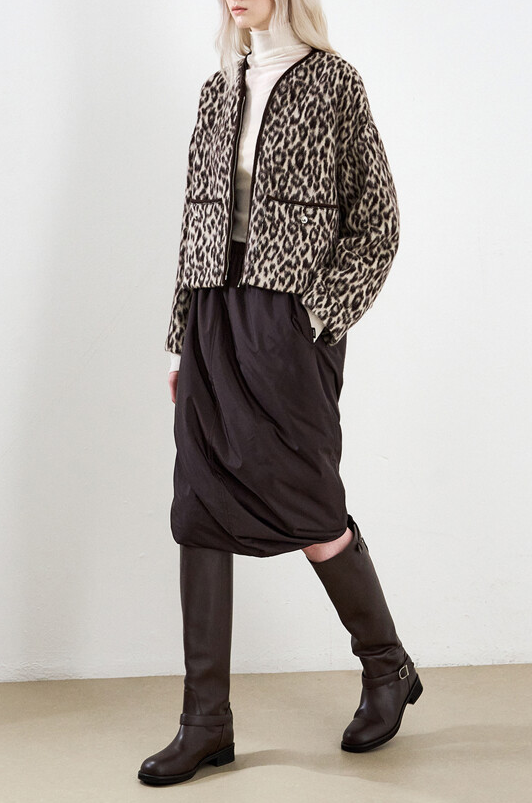 Leopard-Trim Zip-Up Jacket