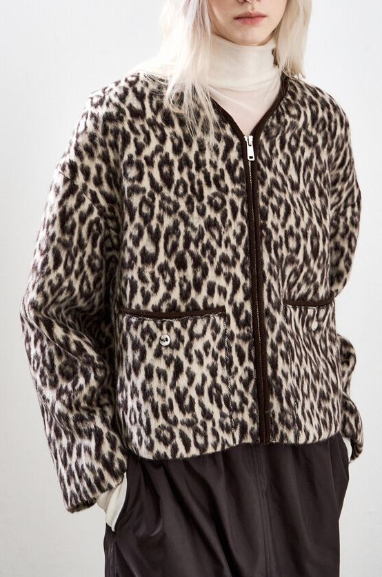 Leopard-Trim Zip-Up Jacket