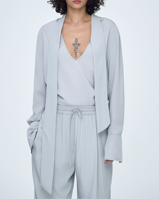 Deep V-Neck Tie Blouse