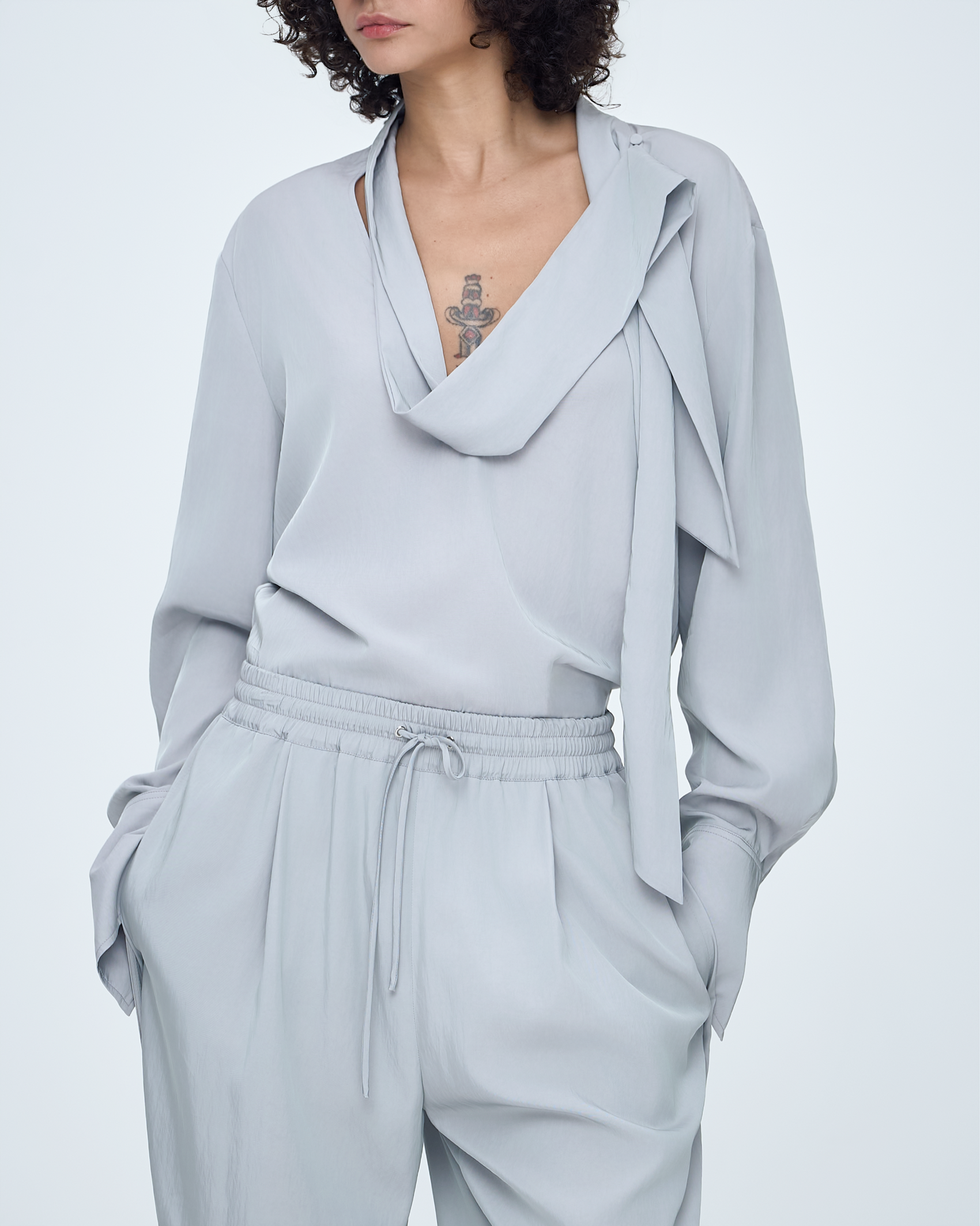 Deep V-Neck Tie Blouse