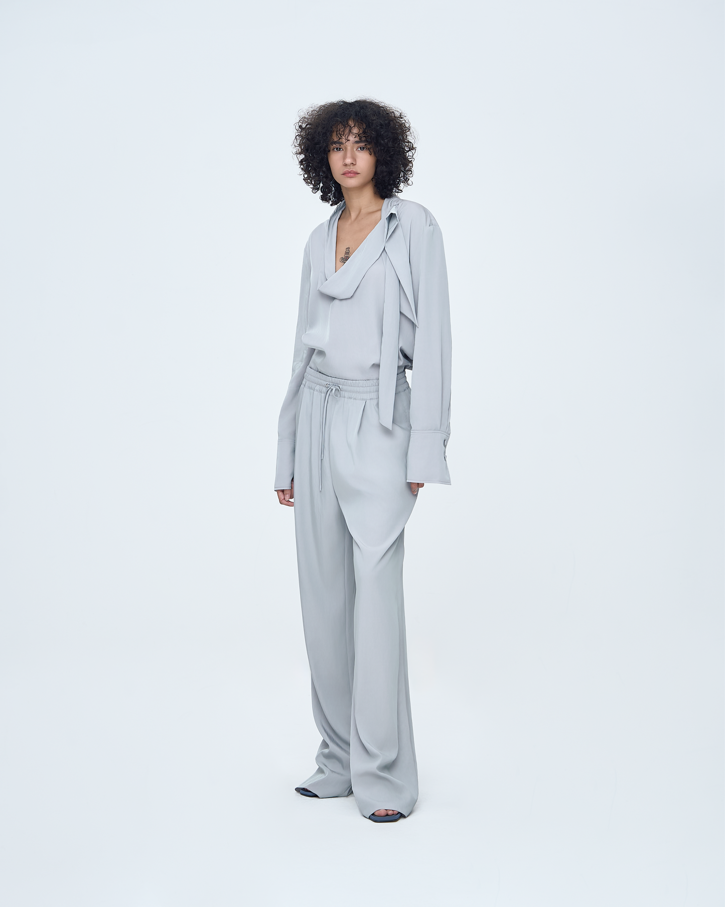 Deep V-Neck Tie Blouse