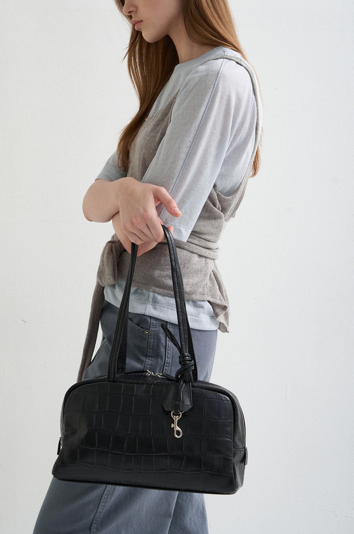CROC-EMBOSSED LEATHER SHOULDER BAG