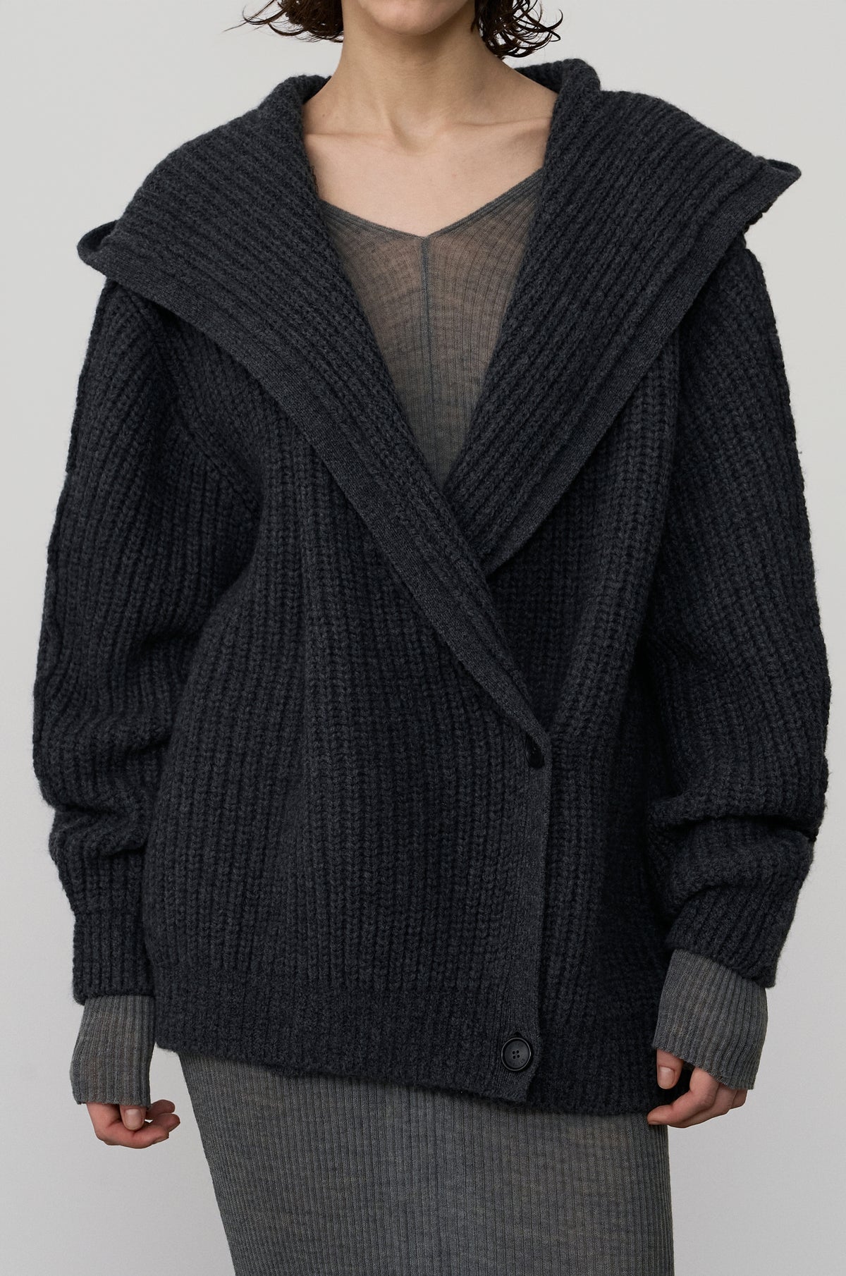 SHAWL COLLAR HOODED OVERSIZE KNIT JUMPER