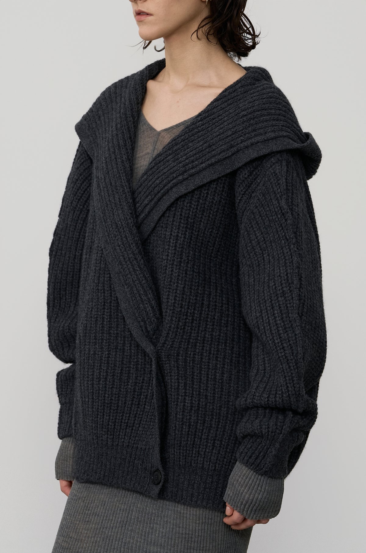 SHAWL COLLAR HOODED OVERSIZE KNIT JUMPER