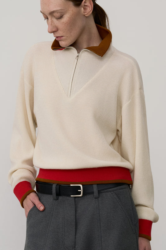 TWO TONE ZIP-UP KNIT TOP