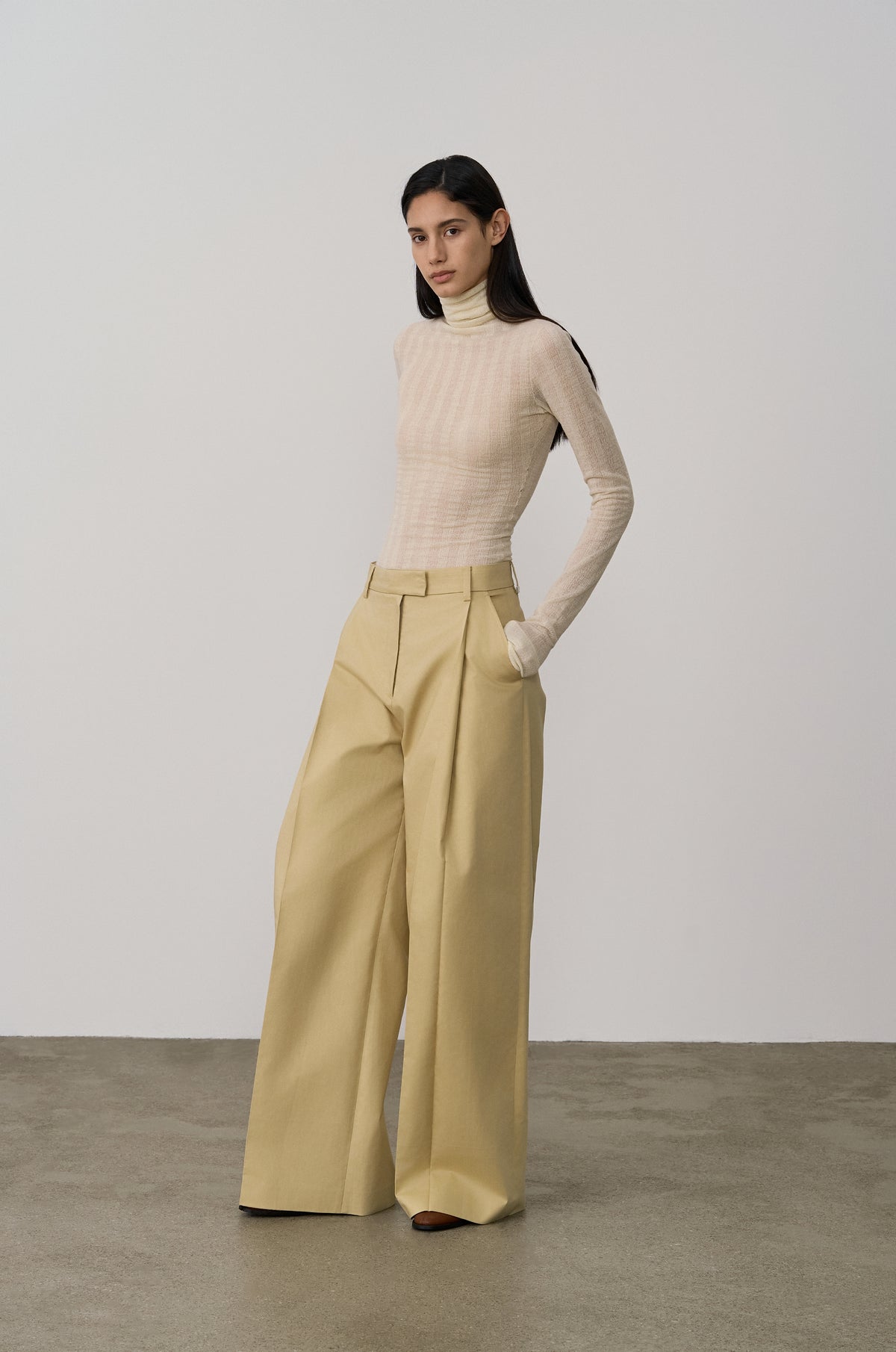 SUBTLE STRIPED WOOL JERSEY HIGH-NECK TOP