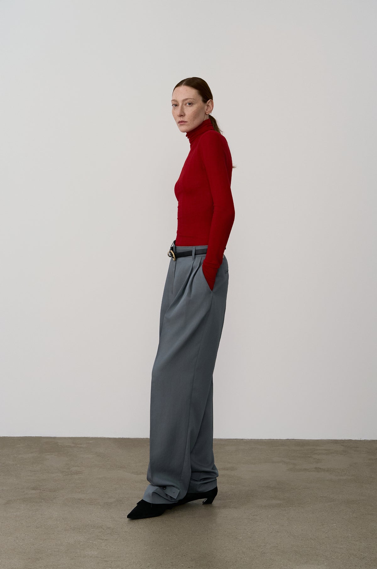 SUBTLE STRIPED WOOL JERSEY HIGH-NECK TOP